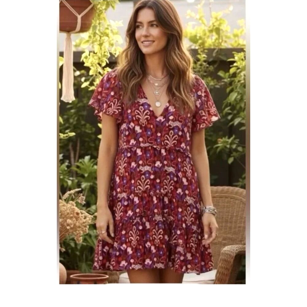 Anthropologie Robin Tiered Mini Dress Medium Raspberry Ikat Boho Floral Flowy